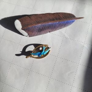VTG Enamel Wishbone Sparrow And Wood Duck Blue Brown Feather Hand Carved Pin Set